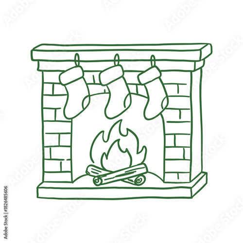 Christmas fireplace with fire and three festive hanging stockings. Vector illustration of winter holidays, cozy decor.