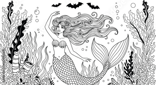 Mermaid underwater vector, black and white illustration, seashell top, seaweed, coral reef, bats flying, fantasy ocean scene, marine life drawing