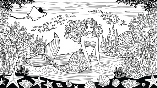 Mermaid underwater vector, black and white illustration, seashell top, stingray, coral reef, ocean fish, marine plants, fantasy sea scene, coloring page