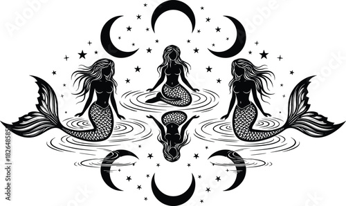 Mystical mermaid vector, black and white illustration, crescent moons, stars, water ripples, fantasy marine theme, symmetrical design, celestial artwork