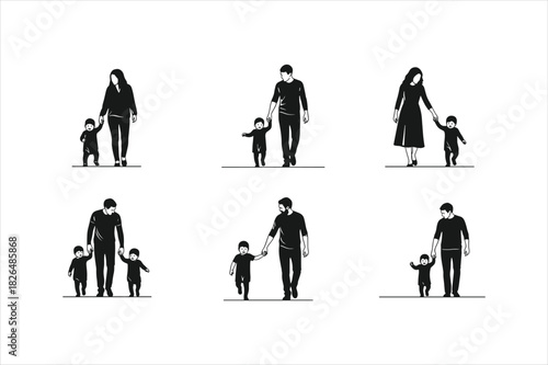 Set of parents walking with their children