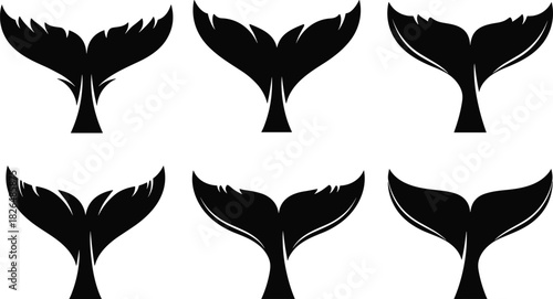 Set of six different stylized black silhouette designs of mythical mermaid tails, whale flukes, and dolphin fins, perfect for logo creation, tattoo, or nautical graphic elements