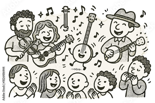 Cheerful Music Gathering. Adorable doodle folk music gathering with smiling musicians, cartoon instruments bouncing, cheerful