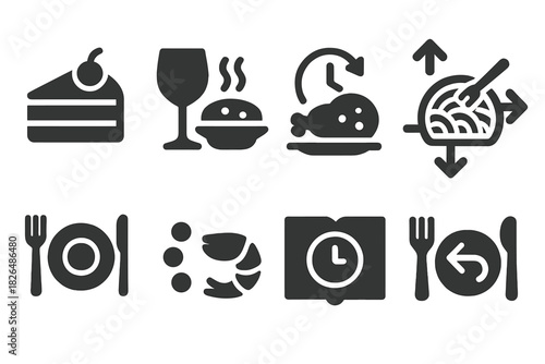 Reversed Meal Icons. Solid style icons of reversed meal sequences: dessert first icon, drink before dish layout, starter at end