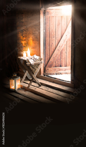 Manger in the barn. Christmas background