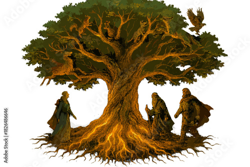 Yggdrasil's Enchanting World. Yggdrasil tree with glowing roots and branches, animals climbing joyfully, and gods walking among