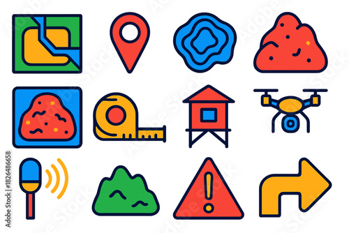 Landfill Monitoring Icons. Flat vector icons of landfill site mapping and monitoring: top-down map, GPS pin, contour lines, waste