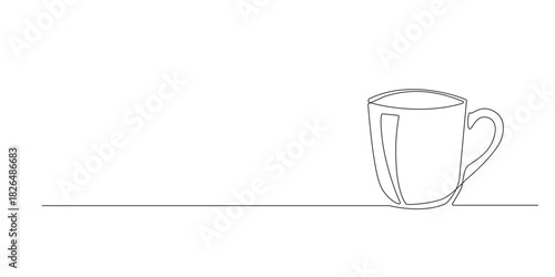 Continuous line drawing of an empty cup on a table. Single-line illustration suitable for beverage themes, café design, kitchen decor, minimal lifestyle visuals, and food-related graphics.