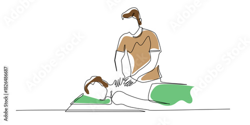 Continuous line drawing of a chiropractor assisting a patient. Single-line illustration depicting physical therapy, spinal adjustment, wellness care, rehabilitation, and medical treatment themes.