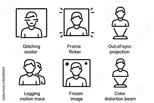 Hologram Glitch Icons. Line style icons of errors in hologram shows: glitching avatar, frame flicker light, out-of-sync projection