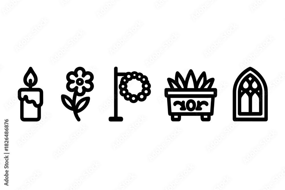 Obraz premium Cemetery Icon Set. Line style icons of Cemetery Tourism: memorial candle, grave offering flower, wreath holder, stone planter,