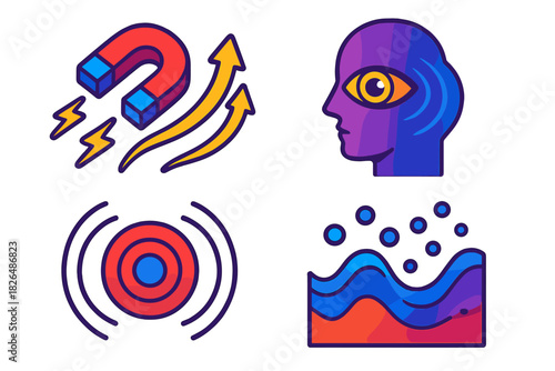 Animal Magnetism Icons. Isometric vector illustration set Animal Magnetism Concepts: Flowing energy arrows, mesmerist gaze icon,