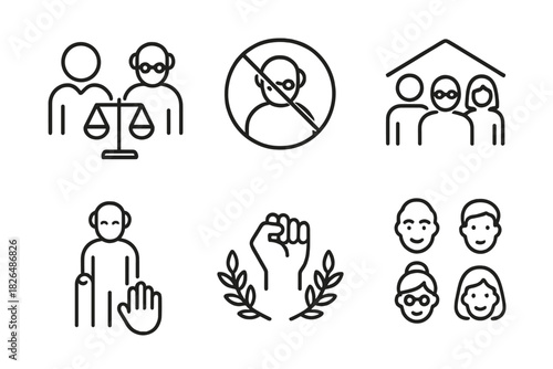 Ageism Awareness Icons. Line style icons of ageism awareness: equality for seniors, stereotype crossed out, inclusive workplace