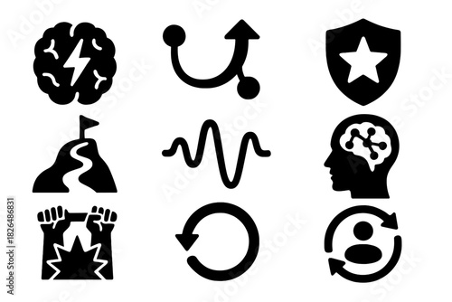 Resilience Icon Set. Solid style icons of leadership resilience training: resilient brain icon, bounce-back circuit, mental
