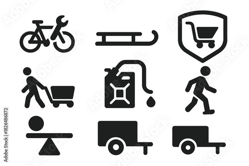 Makeshift Transport Icons. Solid style icons of makeshift transportation training: bicycle repair icon, sled glyph, cart badge.