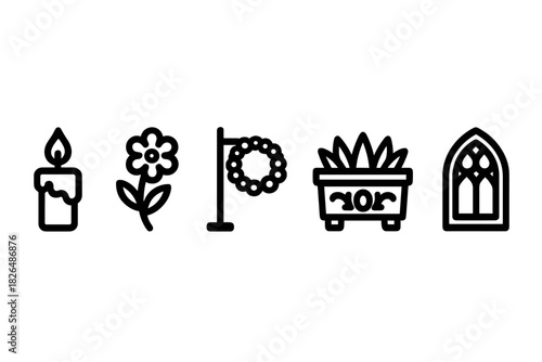 Cemetery Icon Set. Line style icons of Cemetery Tourism: memorial candle, grave offering flower, wreath holder, stone planter,