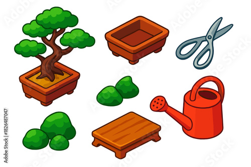 Bonsai Essentials Collection. Isometric vector illustration set Bonsai Collection: miniature pine tree, ceramic pot, pruning