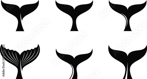 Whale tail vector, black silhouette illustration, marine fluke variations, ocean species design, aquatic icon set, sea life artwork, minimal graphic style