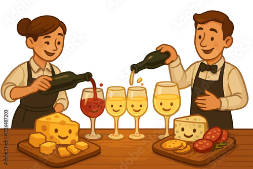 Glowing Wine Tasting. Tasting table scene with glowing glasses, cheese platters smiling, and friendly sommeliers pouring wine No