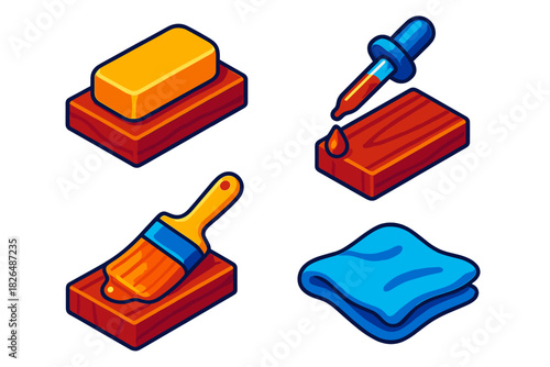 Artisan Tool Illustrations. Isometric vector illustration set Artisan Finishing Touches: Burnishing stone, wood stain dropper,