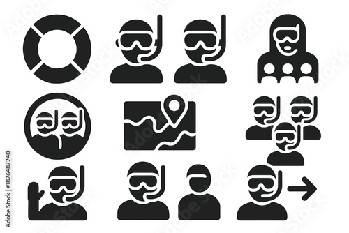 Snorkeling Icons Collection. Solid style icons of group snorkeling sessions: float ring glyph, swimmer pair icon, briefing badge.