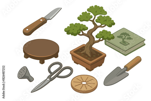Bonsai Gardening Essentials. Isometric vector illustration set of Bonsai gardening: root pruning blade, round bonsai stand, bonsai