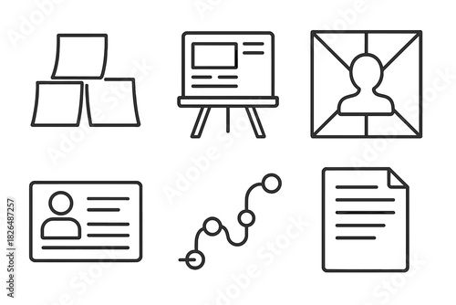 Design Thinking Icons. Line style icons of tools used in design thinking courses: sticky notes icon, whiteboard sketch, empathy