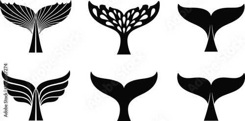 Whale tail vector, black silhouette illustration, stylized fluke designs, marine artwork, decorative aquatic elements, ocean-themed composition, minimal sea icon set