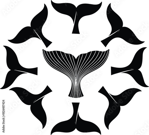 Whale tail vector, radial silhouette design, marine fluke composition, black and white artwork, symmetrical ocean motif, decorative aquatic illustration