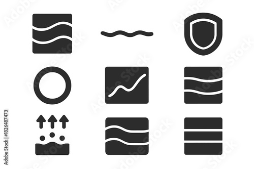 Atmospheric Layer Icons. Solid style icons of sky boundary science: mesosphere glyph, strato-line icon, threshold badge. Zone ring