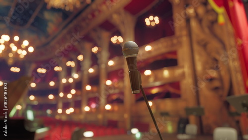 A beautifully designed microphone stands ready on stage, surrounded by an ornate theater filled with glimmering lights. The atmosphere is filled with anticipation for an upcoming performance.