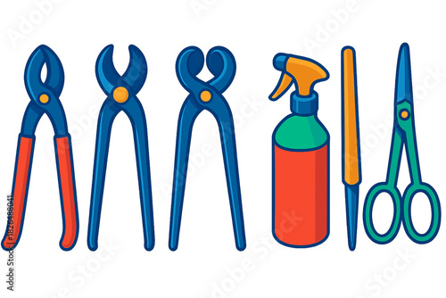 Bonsai Tool Icons. Isometric vector illustration set Bonsai Horticulture Tools: branch cutter, concave cutter, knob cutter, spray