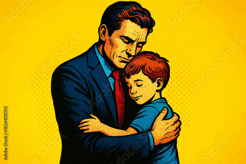 father hugging his child tightly with closed eyes, conveying love, comfort, and emotional bonding. Generative ai vector colorful pop art illustration.