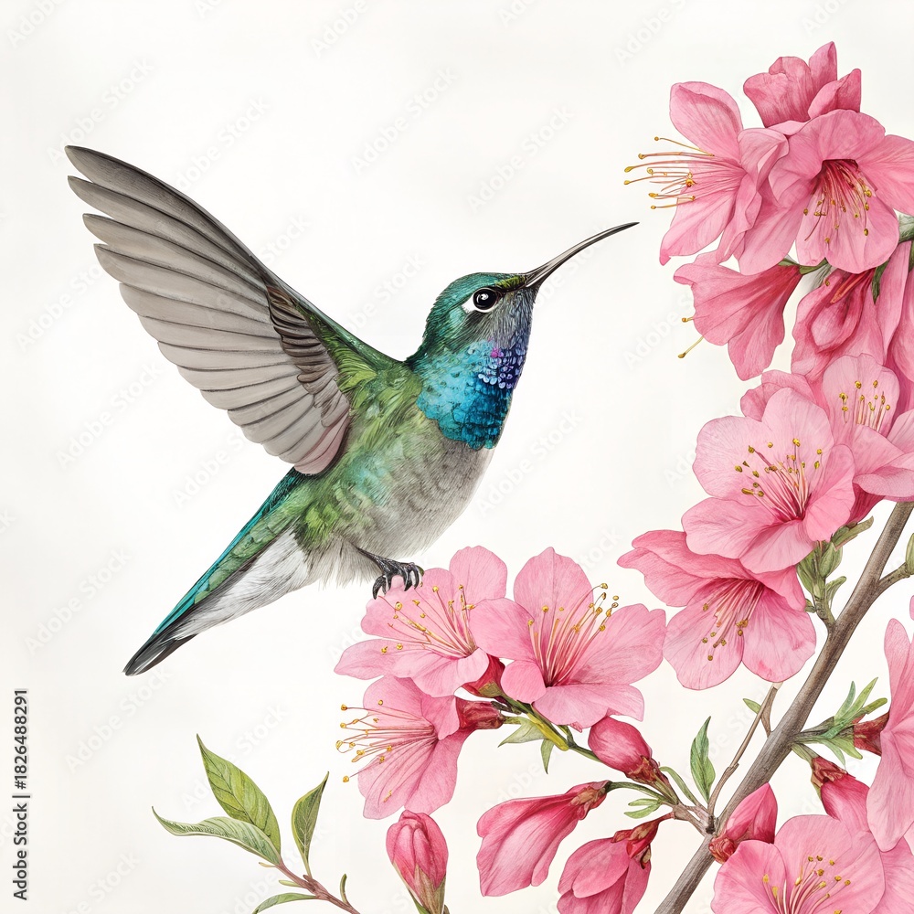 Fototapeta premium A beautiful hummingbird perched among ripe pink flowers, clear details, white background.