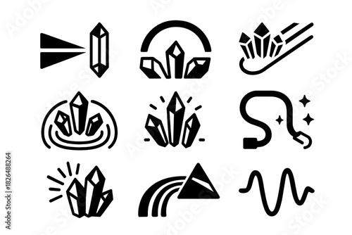Crystal Data Transfer Icons. Solid style icons of crystal-based data transfer: light beam tunnels, photon bridges, reflective