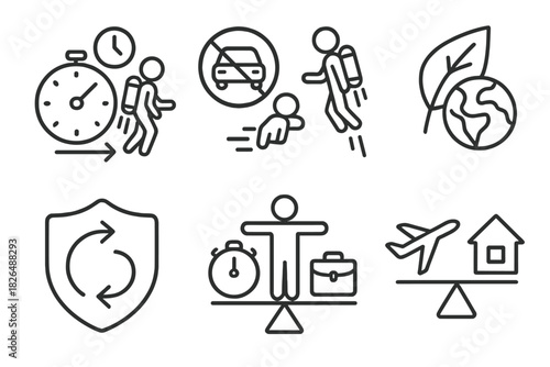 Jetpack Commuting Icons. Line style icons of jetpack commuting benefits: time saved icon, traffic bypass symbol, low environmental