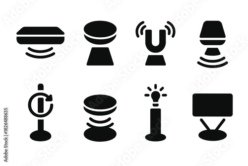 Futuristic Installation Mechanics. Solid style icons of installation mechanics: levitating platform, anti-gravity pedestal,