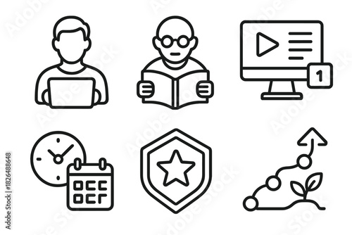 Lifelong Learning Icons. Line style icons of OER and lifelong learning: adult learner on device, senior reading online guide,