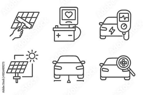 Solar Vehicle Maintenance Icons. Line style icons of solar vehicle maintenance: solar panel cleaner, battery health check,