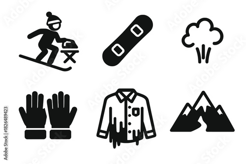 Extreme Ironing Icons. Line style icons of Extreme Ironing: snowboarding ironer, snowboard board setup, cold steam effect, winter