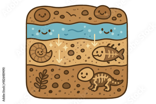 Happy Fossil Layers. Joyful doodle sediment burial illustration with happy fossils, cartoon layers of soil and rock, smiling water