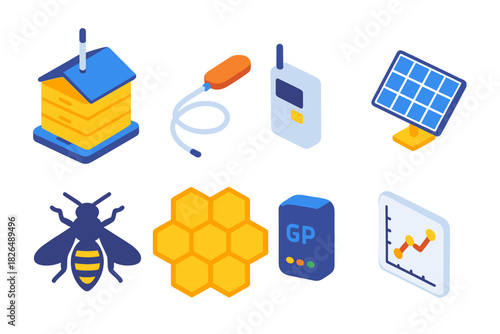 Smart Beekeeping Innovations. Isometric vector illustration set Smart farming – beehive sensor, hive scale, temperature probe; GPS