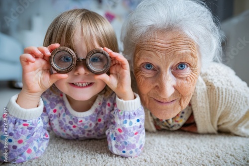 Granddaughter and Grandma Playing Finger Binoculars Game
