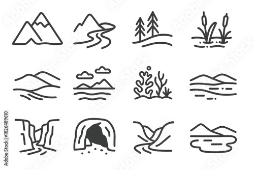 Nature Line Icons. Line style icons of natural landscapes: mountain, river, forest, wetland; desert dune, tundra, coral reef,