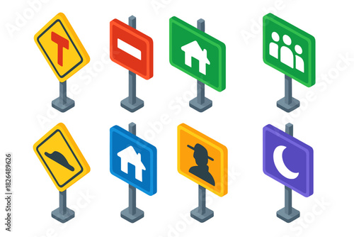 Vibrant Street Sign Icons. Isometric vector illustration set Street signs – dead end sign, no through traffic sign, private road