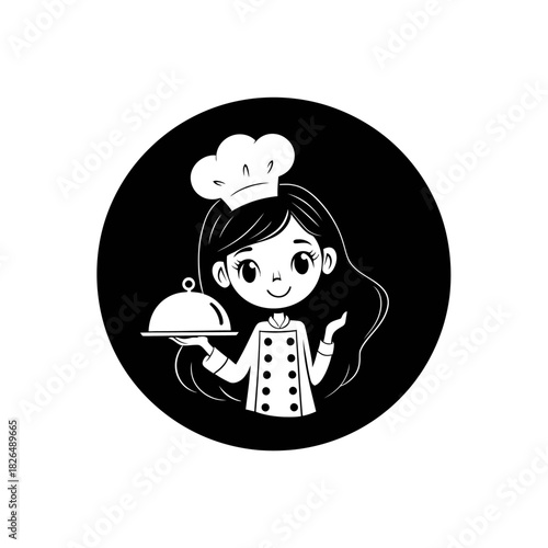Chef icon young woman in uniform holds platter in black circle