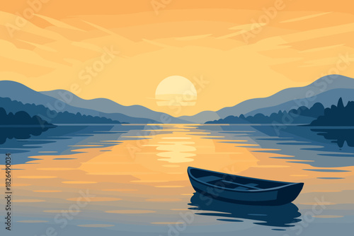 Sunrise Over Tranquil Lake. Scenic sunrise over a tranquil lake with a lone boat floating on still waters, warm golden and blue