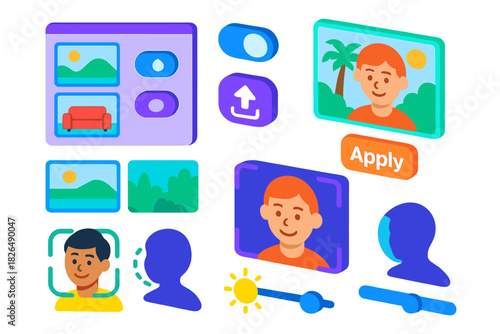 Virtual Meeting Icons. Isometric vector illustration set Virtual meetings – virtual background selector, blur toggle, upload