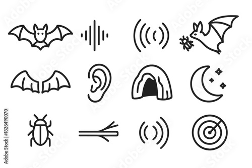 Bioacoustic Iconography. Line style icons of Bioacoustics: Bat, Sound Wave, Echo, Hunting Prey; Wings, Ear, Cave, Moon; Insect,