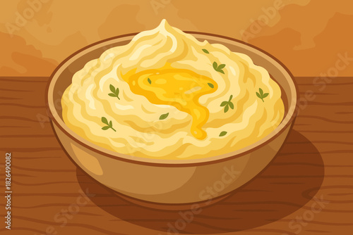 Creamy Mashed Potatoes. Creamy mashed potatoes topped with melted butter and fresh herbs, warm inviting tones, cozy and homely